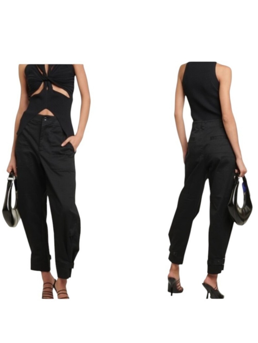 Proenza Schouler White Label Cotton Twill Tapered Crop Pants Black Buckle Ankle